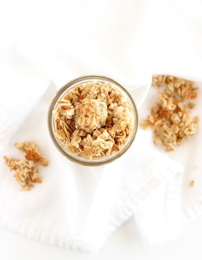 Healthy and delicious Coconut Tahini Granola with big crunchy clusters and a slightly sweet flavor is perfect for topping yogurt or snacking on by the handful! (vegan, gluten-free) via livelytable.com