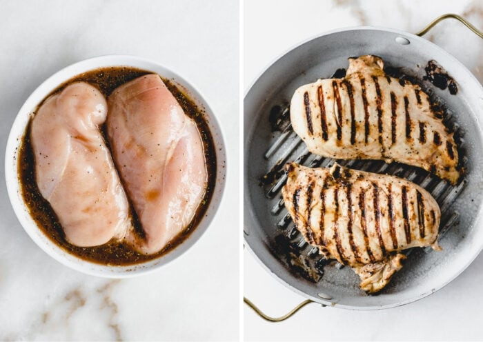 side by side images of chicken breasts in a grapefruit marinade and the chicken being grilled on a grill pan.