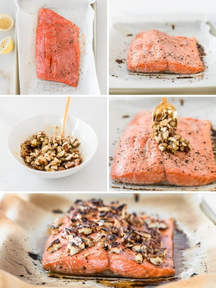 5 image collage showing steps for making honey pecan salmon.