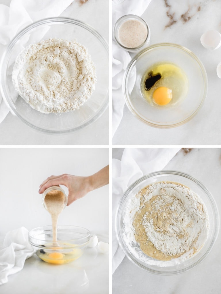 four image collage showing steps to mixing sourdough waffle batter.