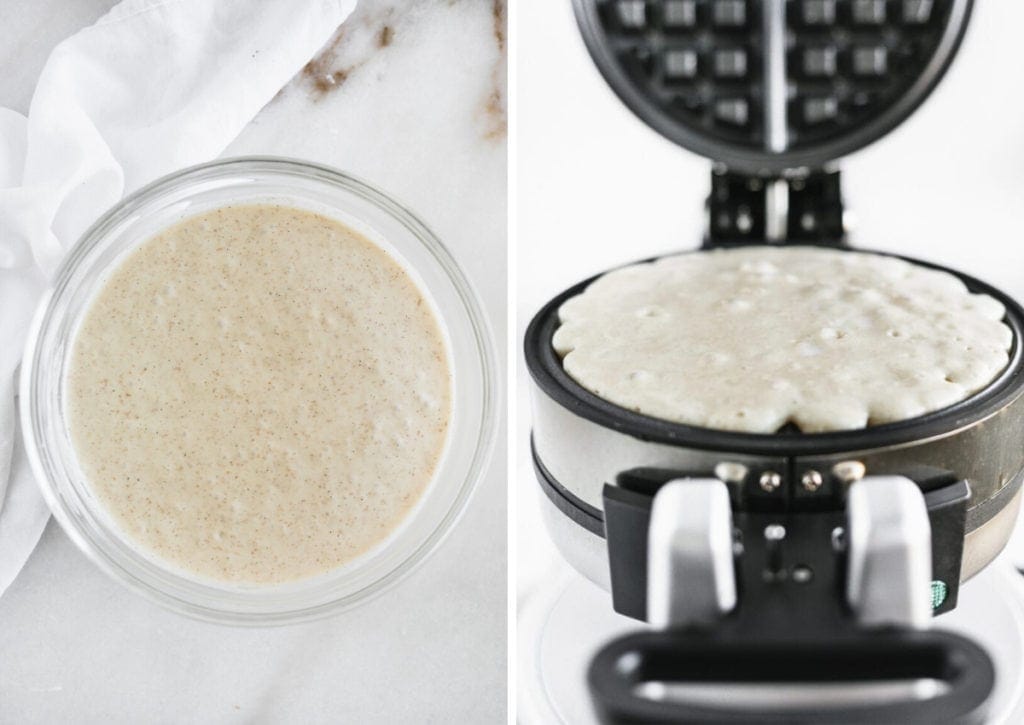 two images showing sourdough waffle batter in a bowl, and in a waffle iron.