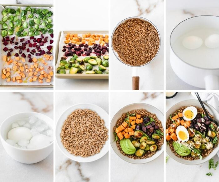 8 image collage showing steps for making grain bowls with roasted sweet potatoes, beets and brussels sprouts, farro, and soft boiled eggs.