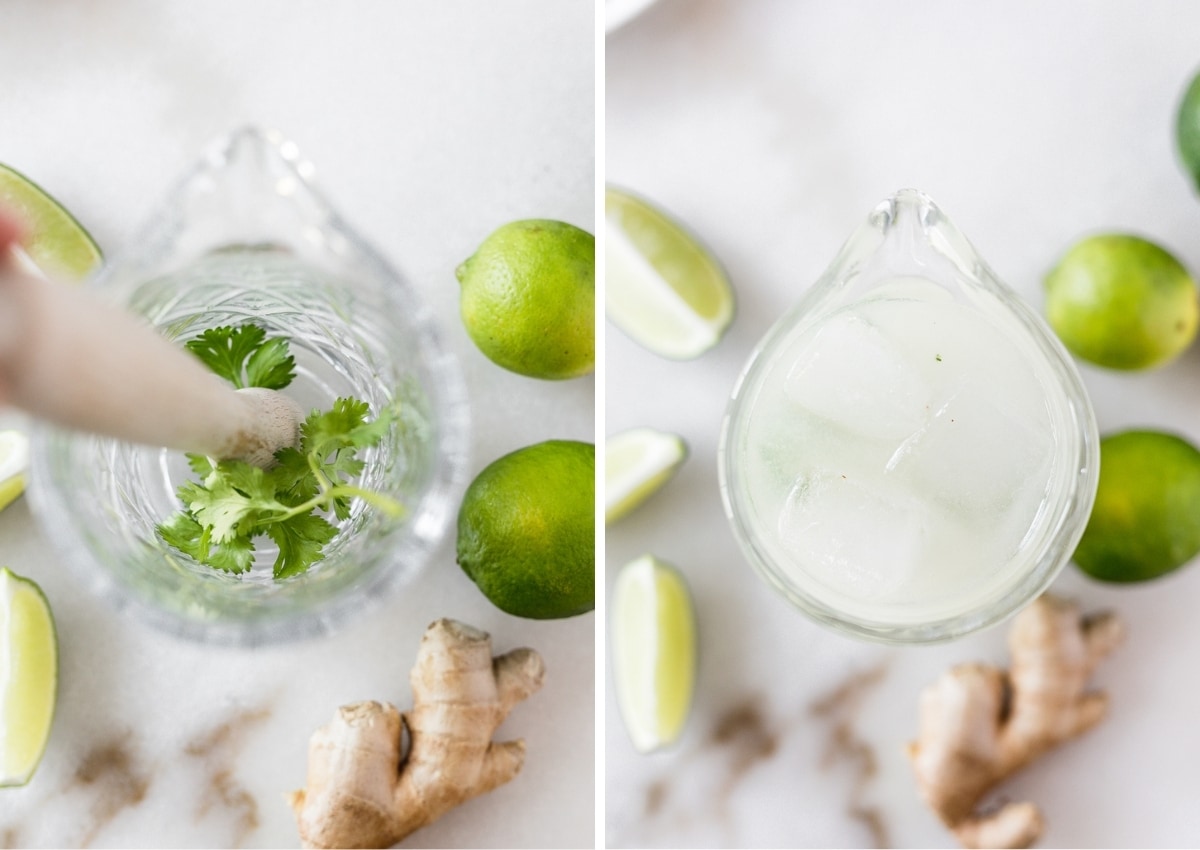 two image collage showing steps for mixing cilantro lemongrass margaritas.