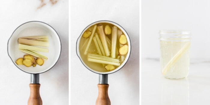 three image collage showing steps for making lemongrass ginger simple syrup.