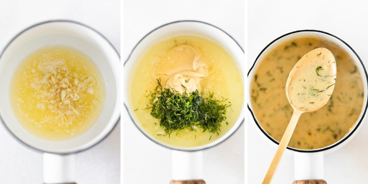 three image collage showing steps for making dijon dill sauce in a white saucepan.