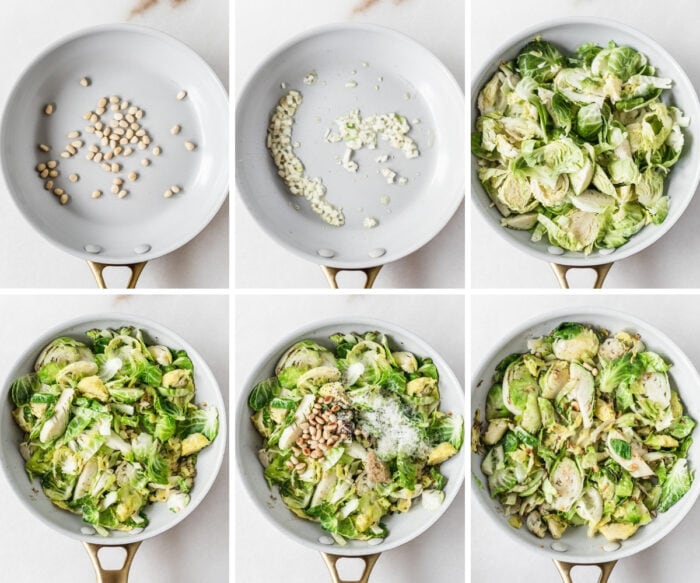 six image collage showing steps for making Lemon Parmesan Shaved Brussels Sprouts.