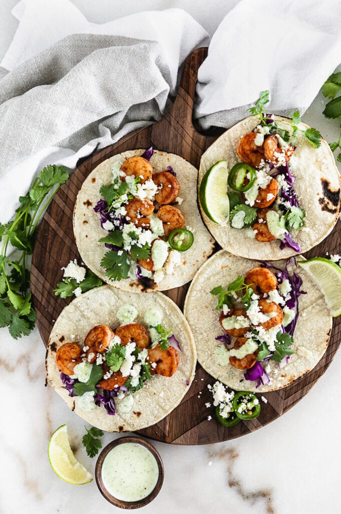 A tray with chipotle shrimp tacos.