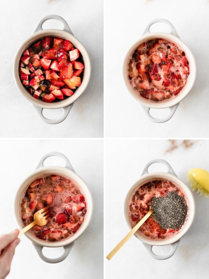 four image collage showing steps for making strawberry rhubarb chia jam.