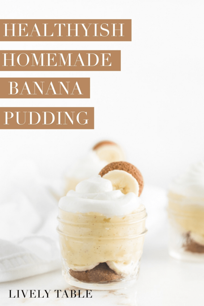mini glass jar of homemade banana pudding with whipped cream, banana and vanilla wafer with text overlay.