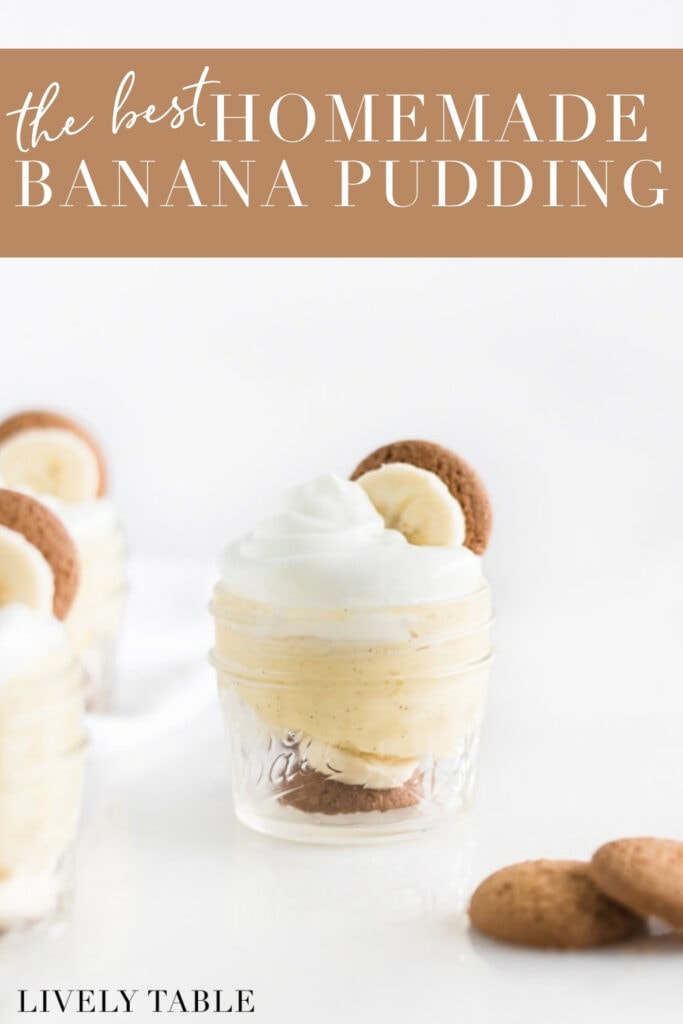 jar of homemade banana pudding with vanilla wafer and banana slice garnish with text overlay.