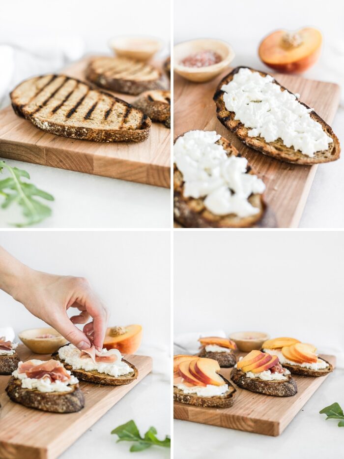 four image collage showing how to build burrata, prosciutto and peach bruschetta.