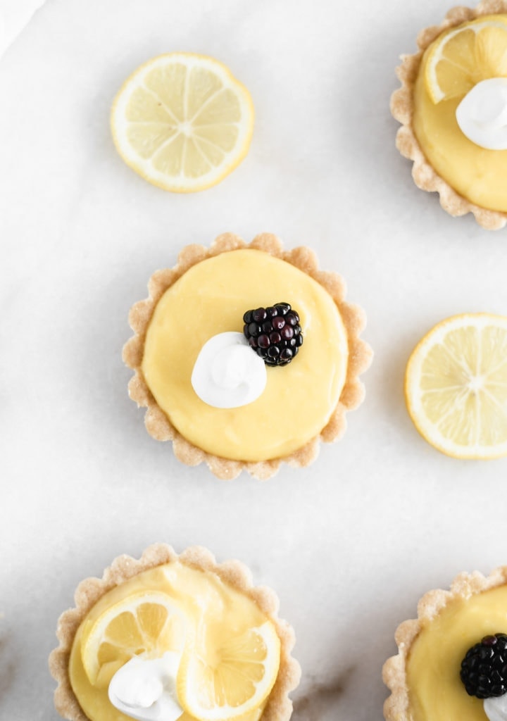 overhead view of a mini lemon tart topped with a blackberry and whipped cream, surrounded by lemon slices and lemon tarts.