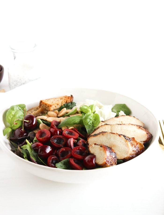 This cherry almond grilled chicken salad is a light and healthy meal you can enjoy all summer long! (gluten-free)