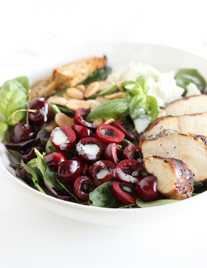 This cherry almond grilled chicken salad is a light and healthy meal you can enjoy all summer long! (gluten-free)