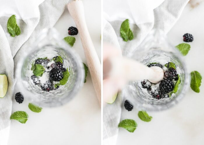 side by side overhead images of blackberries, mint and sugar in a glass shaker; and a muddler smashing the berries.