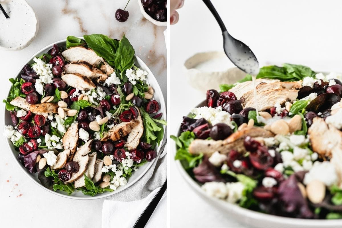 two image collage of grilled chicken cherry salad with no dressing and thedressing being drizzled on the salad with a black spoon.