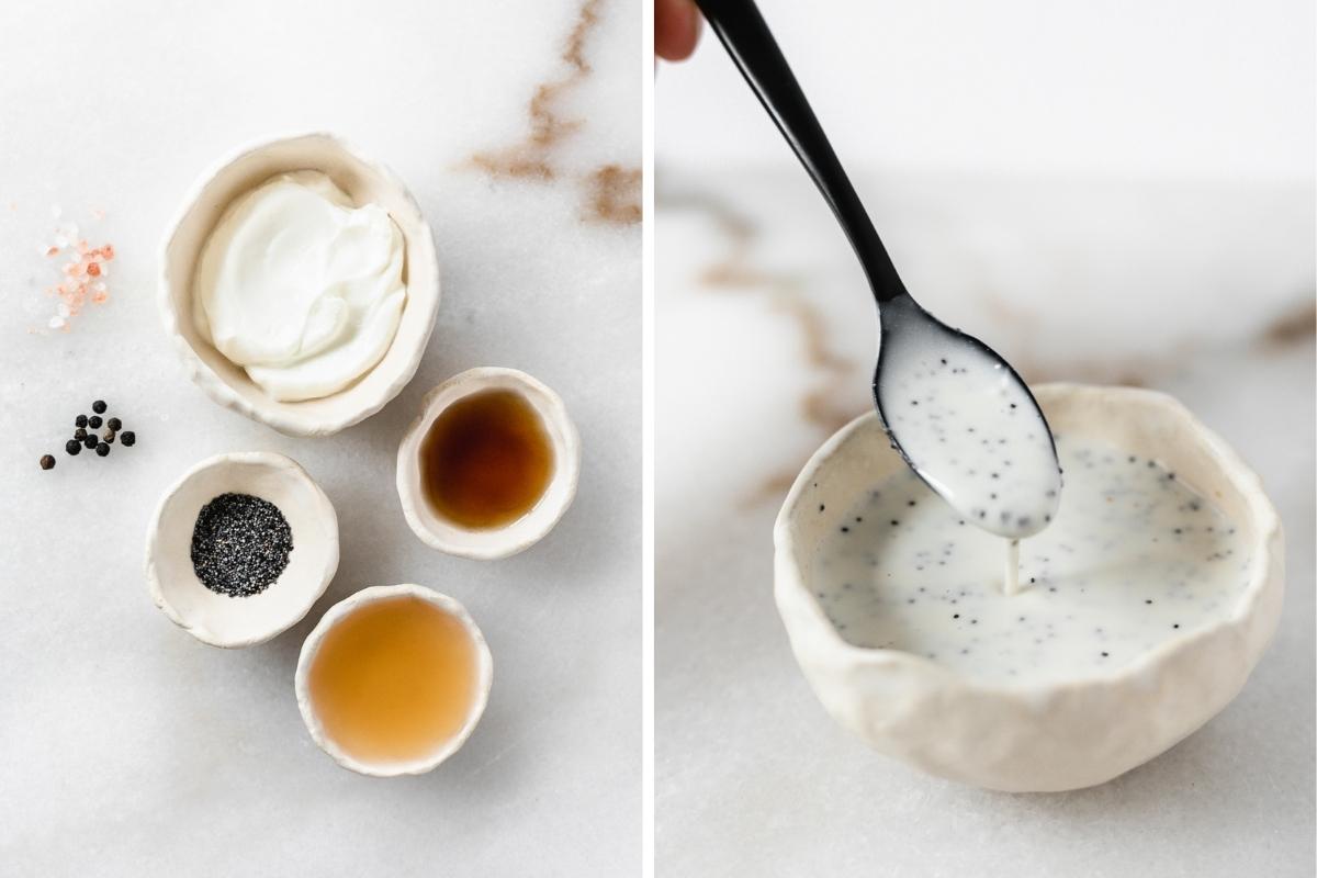 two image collage showing ingredients for easy poppy seed dressing and the finished dressing in a small bowl being drizzled with a black spoon.
