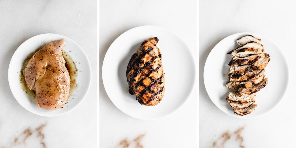 three image collage of marinated chicken breast on a white plate, grilled chicken breast on a white plate, and sliced grilled chicken on a white plate.