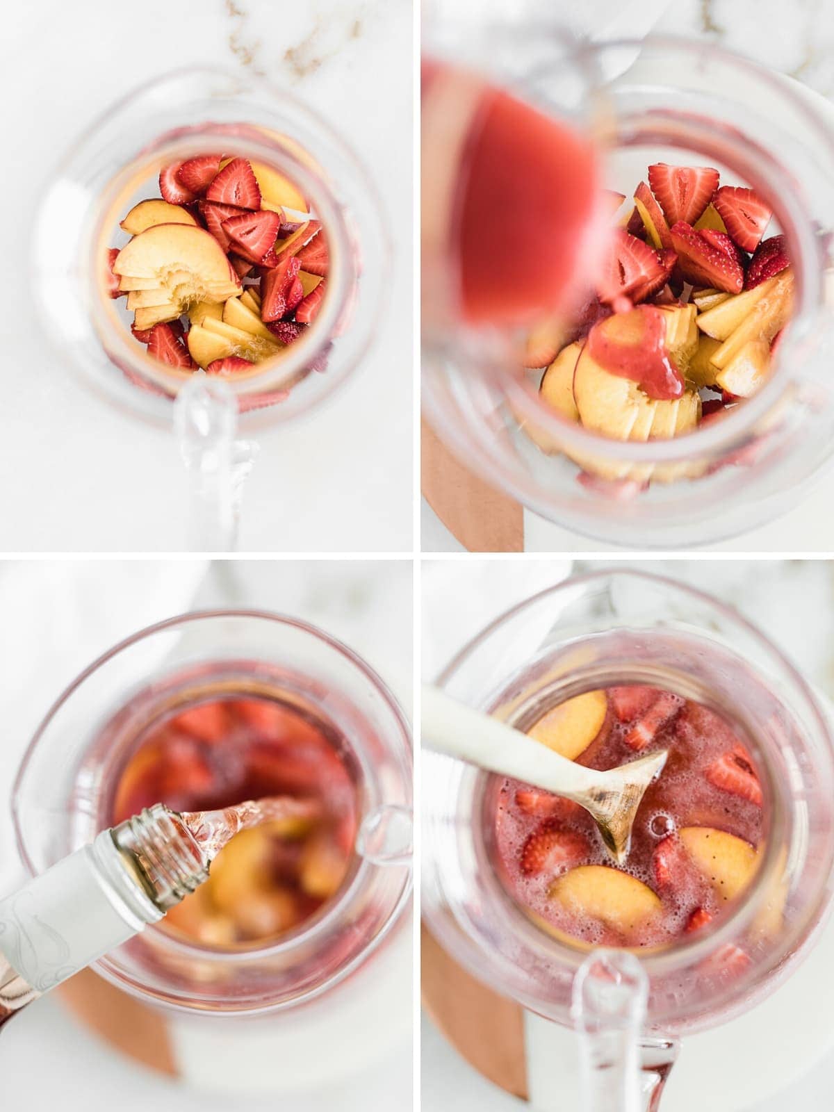 four image collage showing overhead view of a pitcher with steps for making rose sangria.
