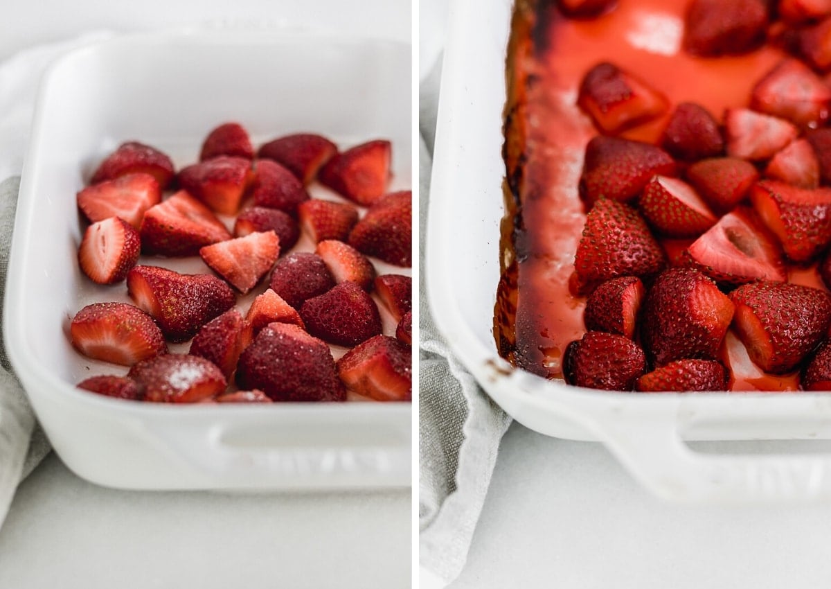 two side by side images of a white baking dish, one with halved fresh strawberries sprinkled with sugar, the other with roasted strawberries.