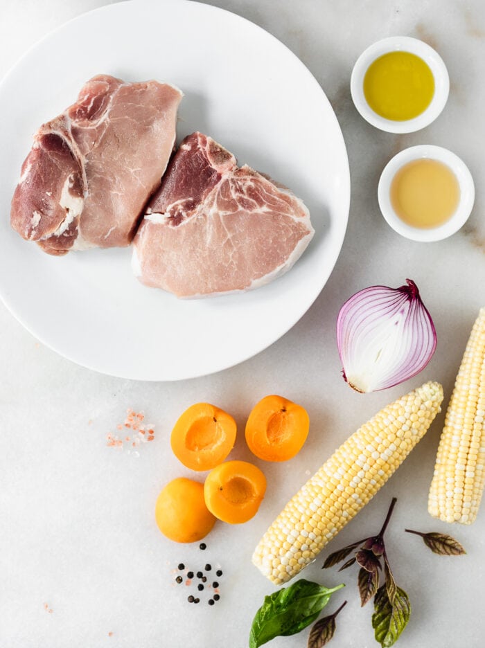overhead view on ingredients needed to make grilled pork chops with apricot corn salsa.