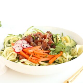 If you love poke or sushi, you'll love this Zucchini Noodle Poke Bowl! It's a fresh and delicious meal that requires no cooking and is full of fresh vegetables. (gluten-free, dairy-free)