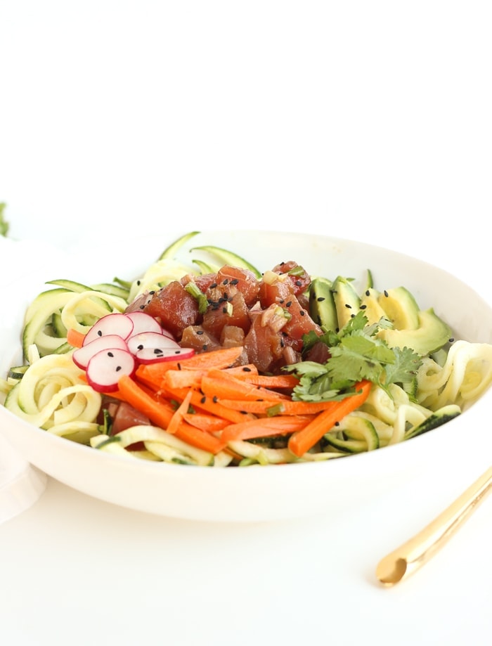 If you love poke or sushi, you'll love this Zucchini Noodle Poke Bowl! It's is a fresh and delicious meal that requires no cooking and is full of fresh vegetables. (gluten-free, dairy-free)