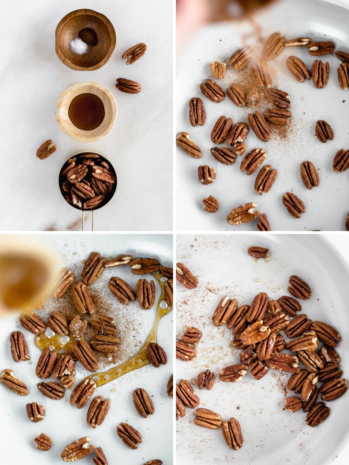 Easy 3 Ingredient Candied Pecans are sweet, crunchy, and perfect for the holidays! Add them to salads, oatmeal, or just snack on them. (gluten-free, refined sugar-free, vegan)