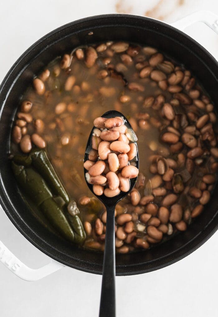 overhead view of a black spoon lifting pinto beans from a pot of beans.