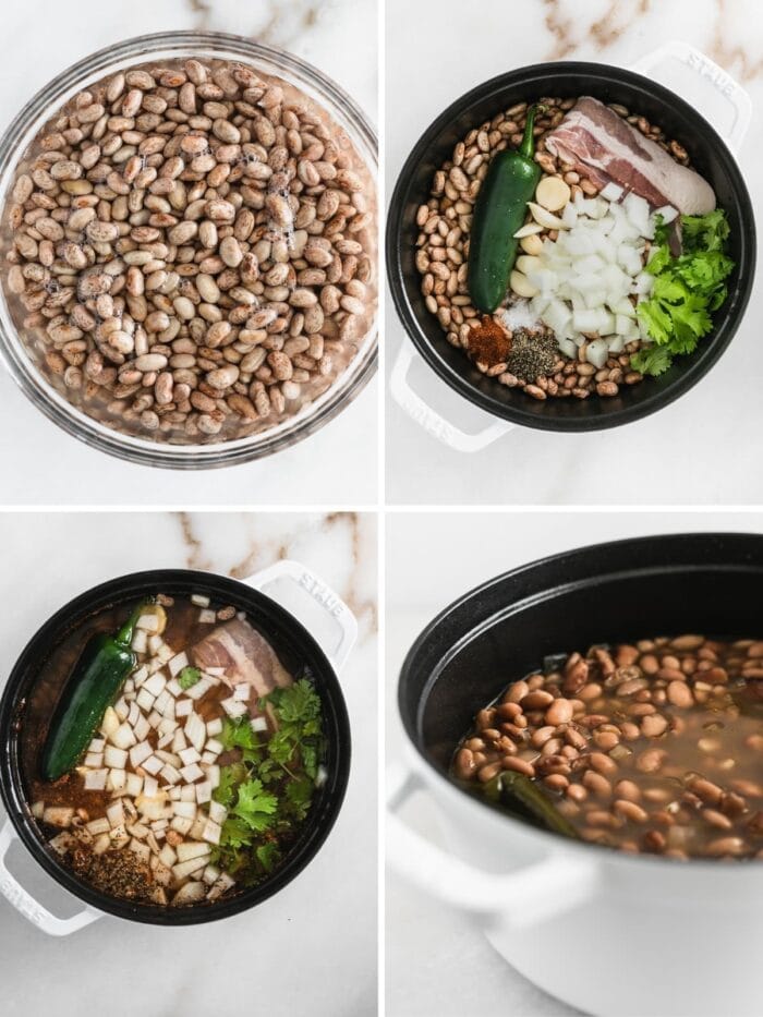 four image collage showing steps for making pinto beans in a white pot.