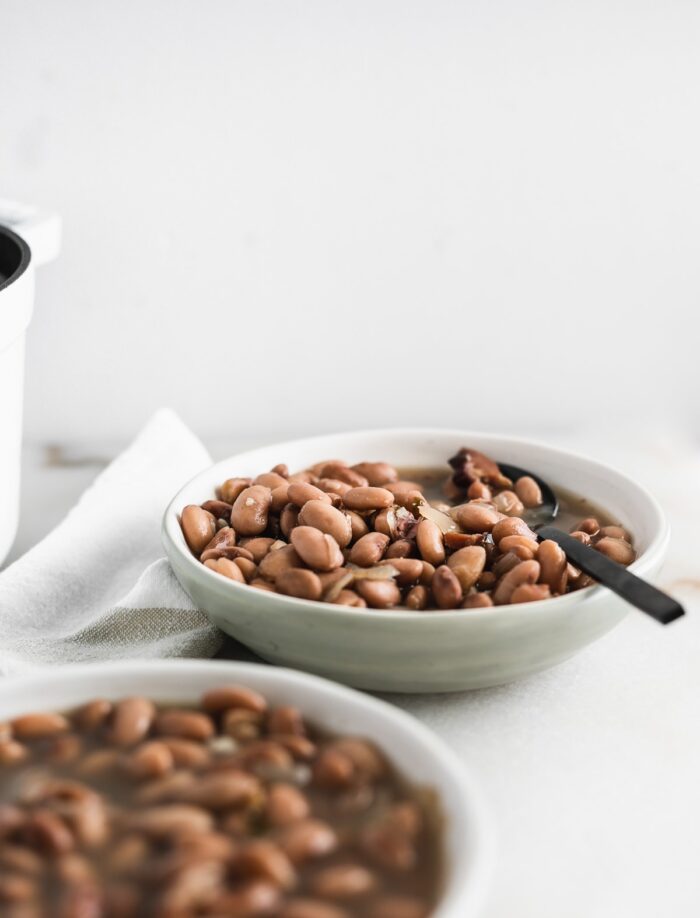 pinto beans in a grey bowl with a black spoon in it with another bowl of beans in the foreground.