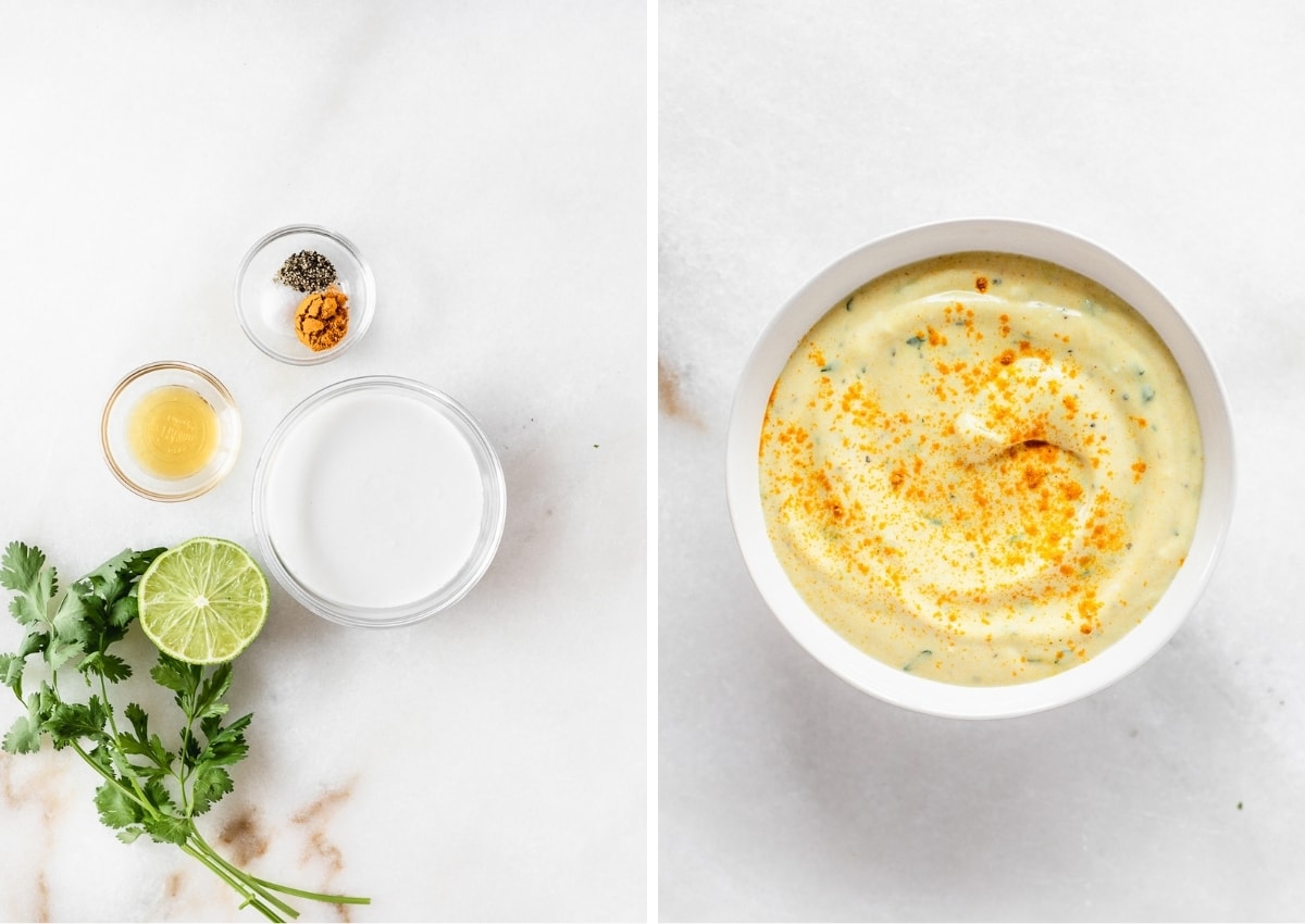 two side by side images showing ingredients for coconut turmeric dipping sauce and the finished sauce.