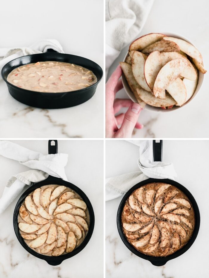 four image collage showing steps to making apple skillet cake.