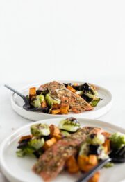 Sheet Pan Maple Dijon Salmon With Brussels Sprouts And Sweet Potatoes