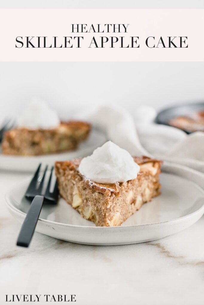 pinterest image with text for healthy skillet apple cake.