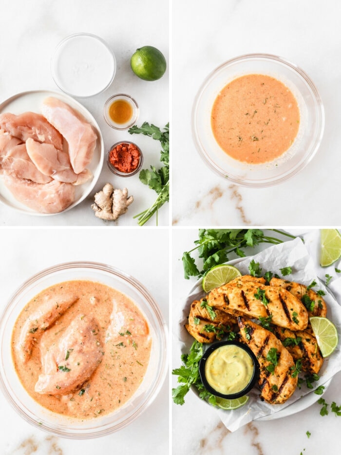 four image collage showings steps for making Thai Coconut Chicken Tenders.