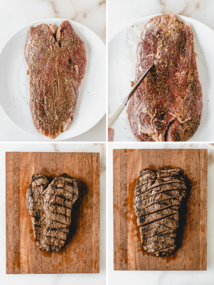 four image collage showing steps for making grilled flank steak.