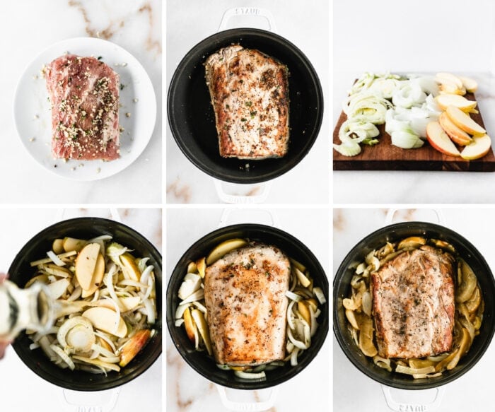 six image collage showing steps for making pork loin with apples, fennel and onions in a dutch oven.