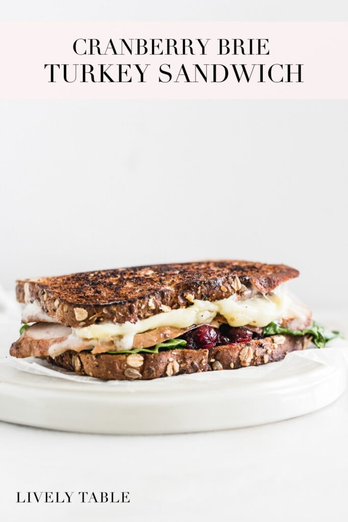 pinterest image with text for cranberry and brie turkey sandwich.