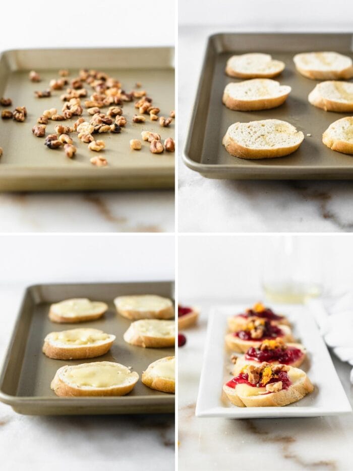 four image collage showing steps for making cranberry brie crostini.