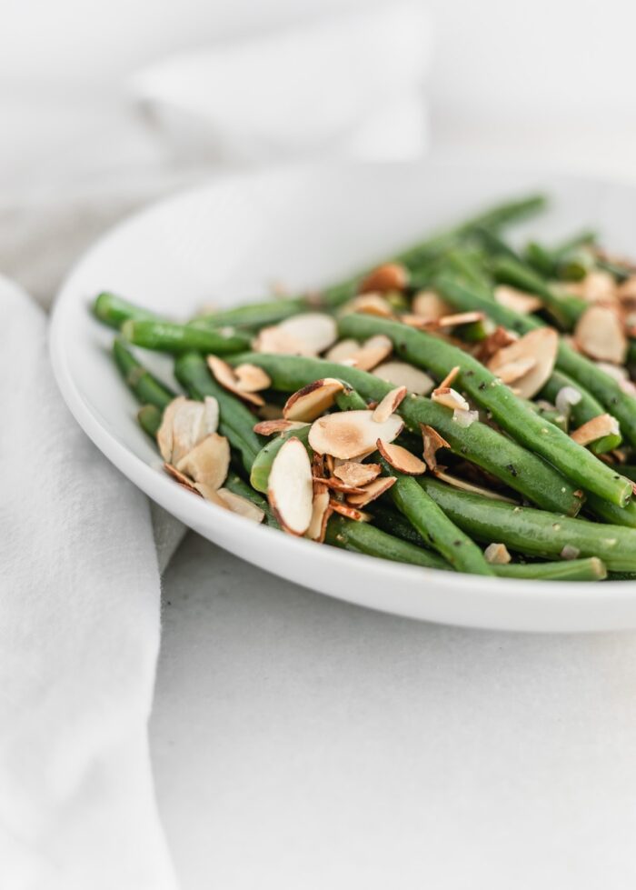 Close up of easy green beans almondine.