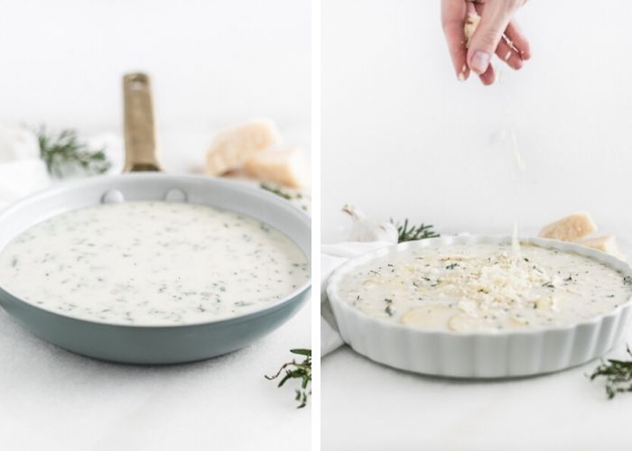 two side by side images, the first is a skillet with creamy sauce, the second is a dish of unbaked scalloped potatoes with a hand sprinkling cheese on top.