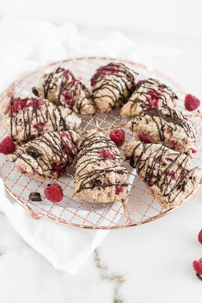 raspberry dark chocolate scones on a serving tray