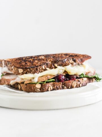 cranberry brie turkey sandwich on a white plate.