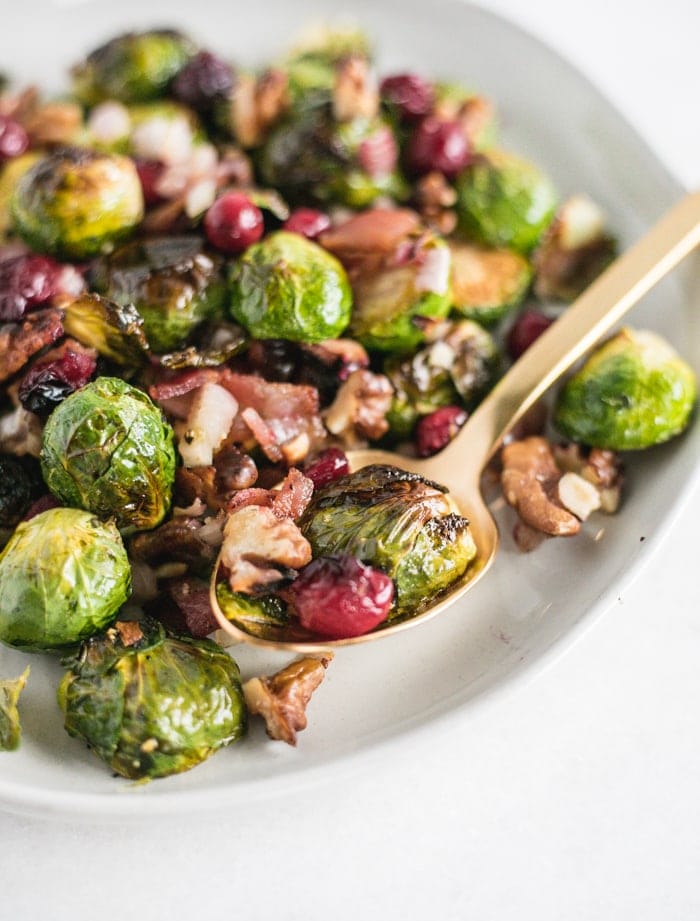 Christmas roasted brussels sprouts with bacon cranberries and walnuts