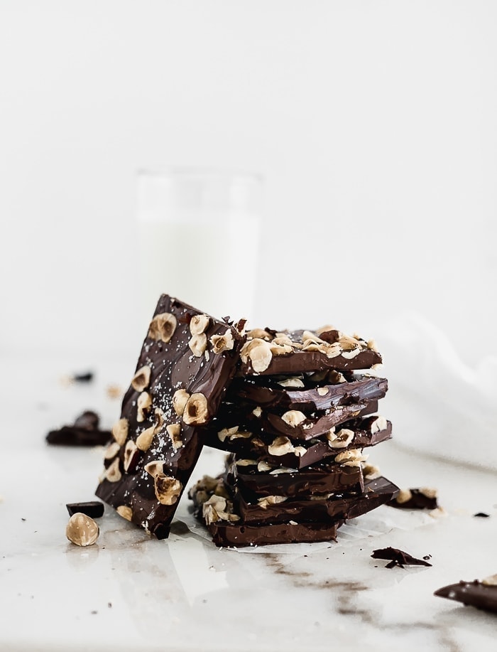 This decadent 4-ingredient Salted Dark Chocolate Hazelnut Bark is a festive holiday treat that makes a delicious last-minute gift! (gluten-free, dairy-free option) 