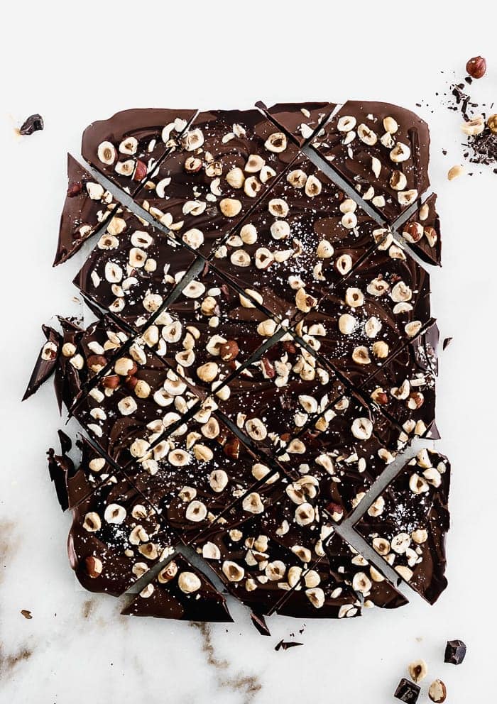 This decadent 4-ingredient Salted Dark Chocolate Hazelnut Bark is a festive holiday treat that makes a delicious last-minute gift! (gluten-free, dairy-free option) 