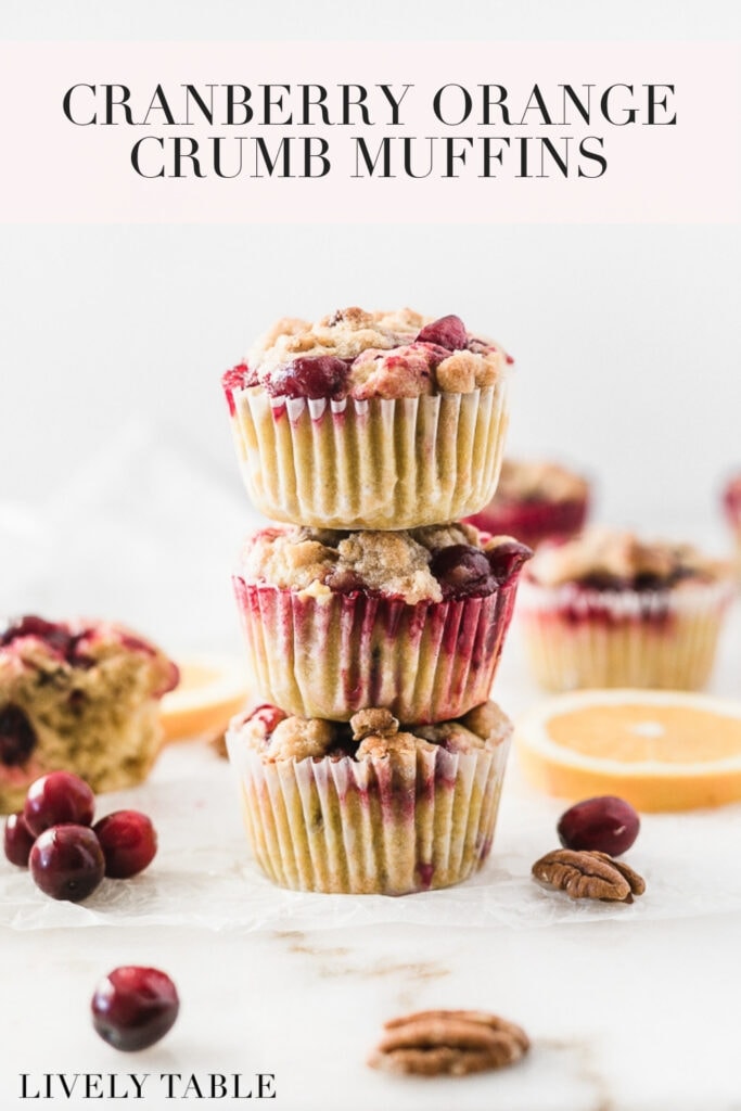 pinterest image with text for cranberry orange pecan crumb muffins.