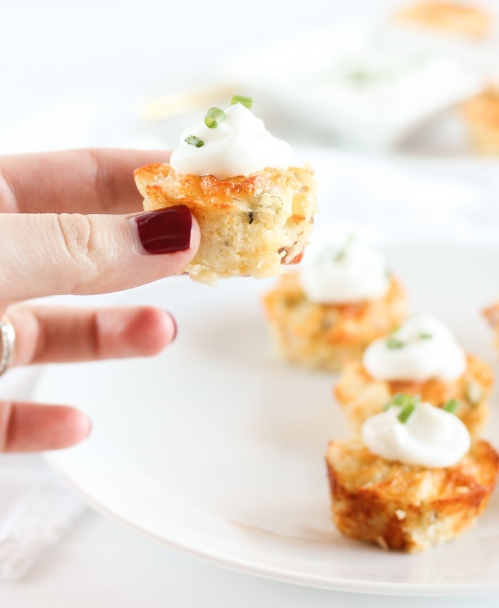 Healthier Loaded Mashed Potato Bites made with leftover mashed potatoes, chives, bacon, cheddar and Greek yogurt are a fun appetizer or side dish to change up your potato routine. (gluten-free)