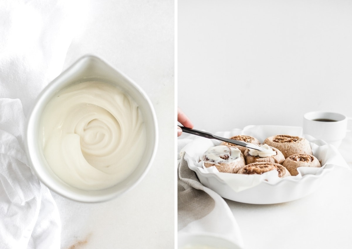 side by side images of cream cheese frosting in a bowl and a hand icing cinnamon rolls with the frosting.